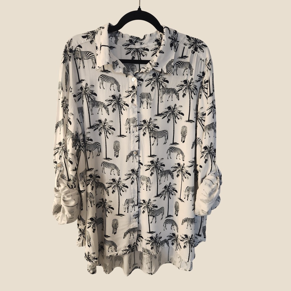Jane + Delancey Zebra & Palm Tree Safari Blouse 1X Resort Vacation Cruise